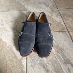 Alfred Sargent blue suede double monk strap shoes.